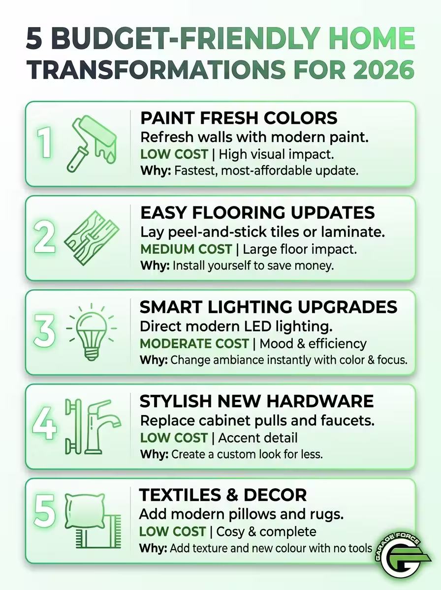 Infographic outlining five budget-friendly ways to transform a home, highlighting cost-effective renovation options for 2026.