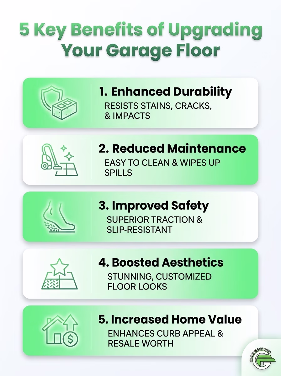 Infographic detailing five garage floor benefits for home return on investment.