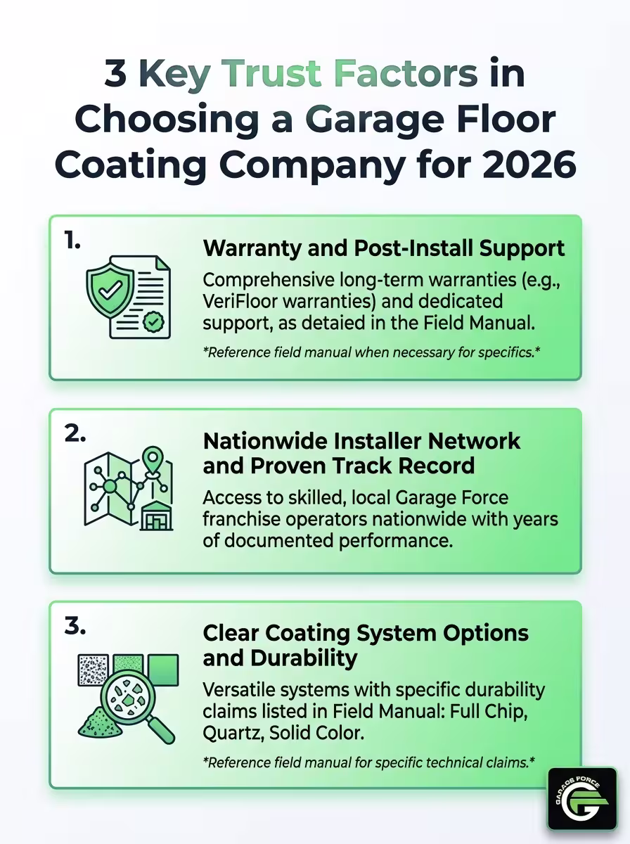 Infographic detailing three trust factors for choosing a garage floor coating company.