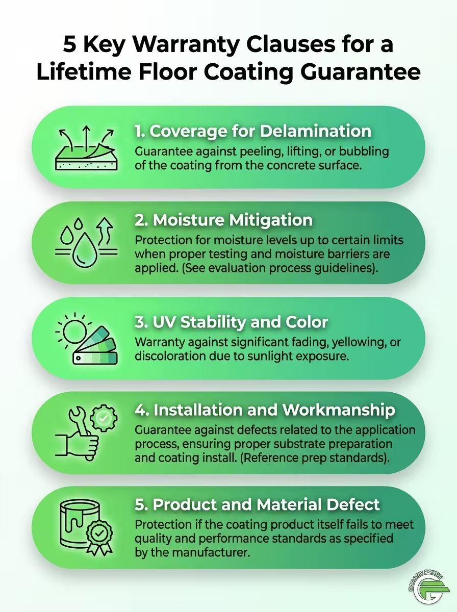 Infographic listing five key clauses in a lifetime floor coating guarantee.